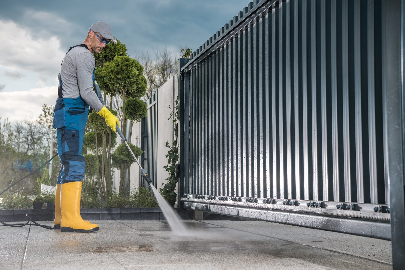 Caucasian Worker in His Work Wear and Yellow Rubber Boots Cleaning Concrete Driveway In Front of the Entrance Gate Using Professional Pressure Washing Machine. Property Maintenance Theme.