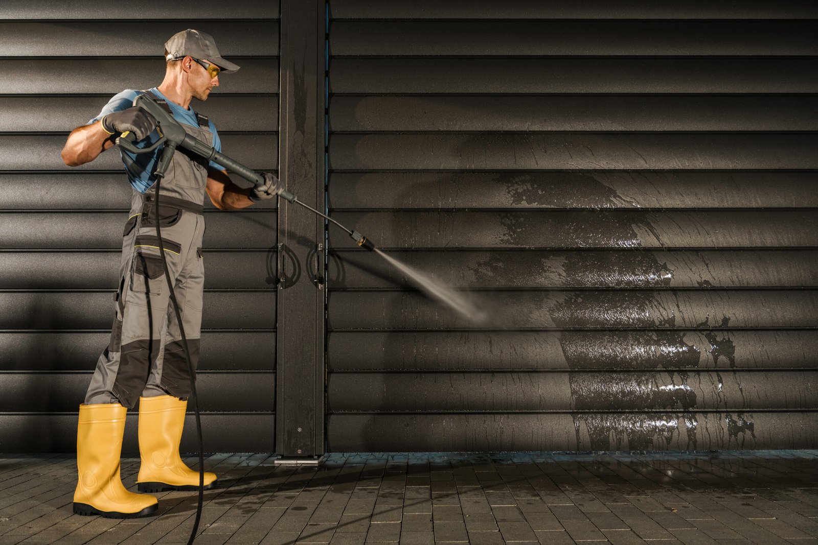 Caucasian Worker in His 40s Cleaning Modern Aluminium Pergola Power Washing Using Pressure Washer